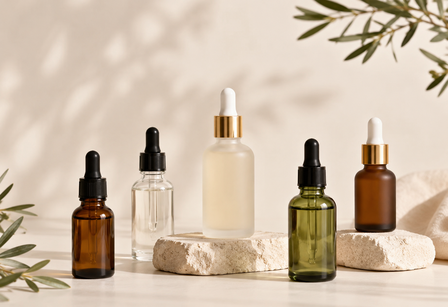 Serum glass dropper bottles product photography